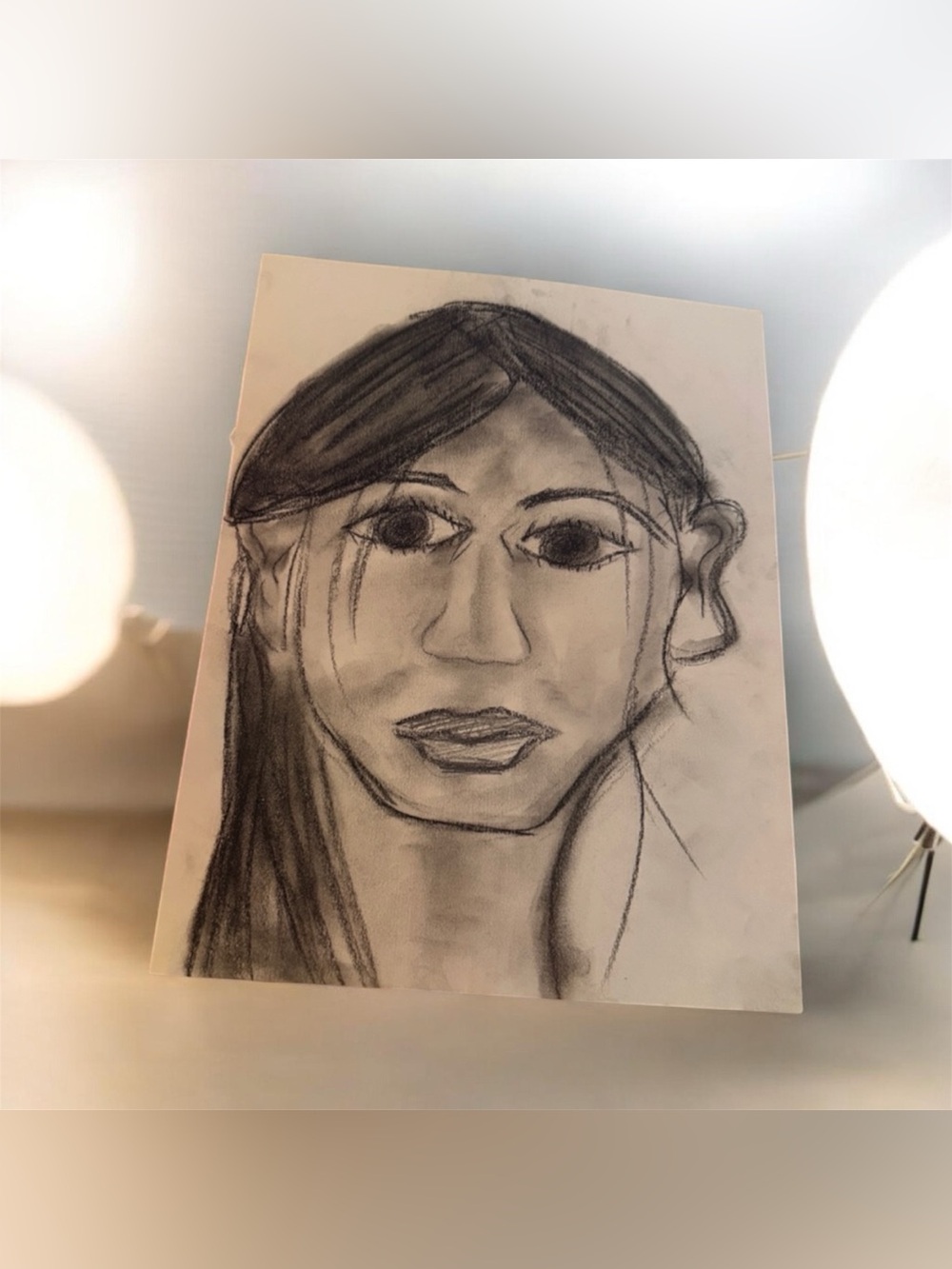 Hand-Drawn Charcoal Portrait on White Paper - Black
